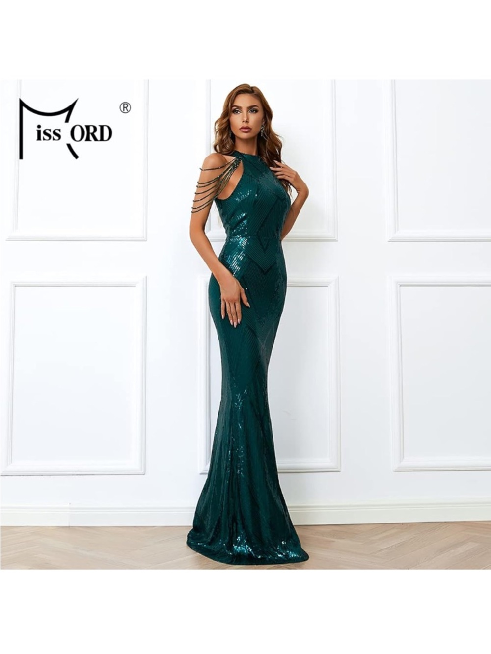 Emerald Green Sequin Prom Evening Gown with Tassels